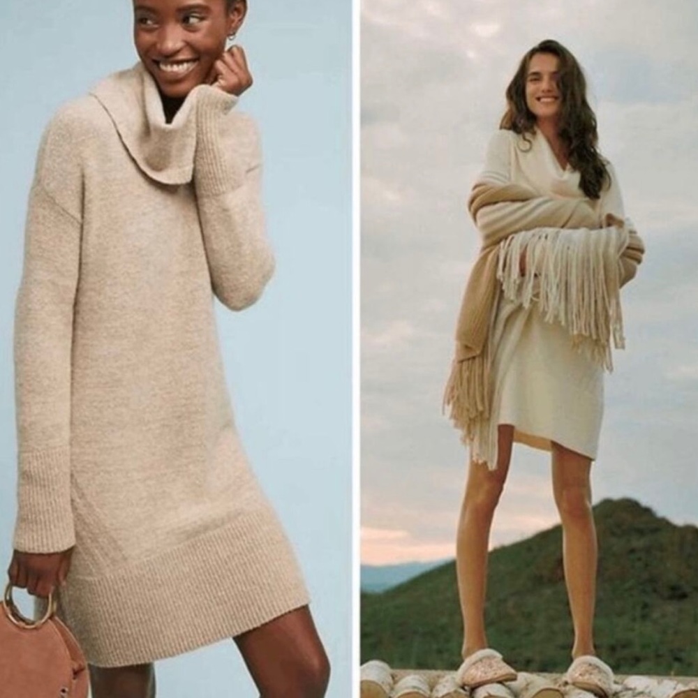 Anthropologie Sonoran Sweater Dress Cowl Neck Wool Alpaca Blend Tan long sleeve